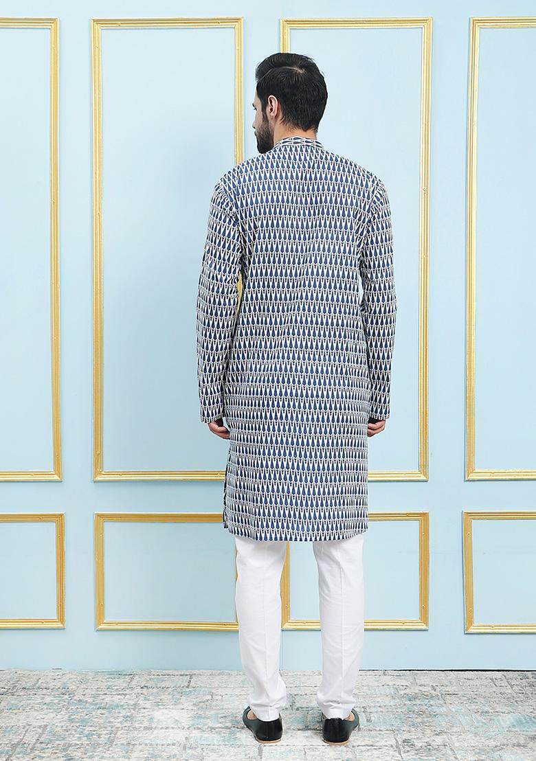 Blue Printed Rayon Staright Kurta Set For Men - Indya