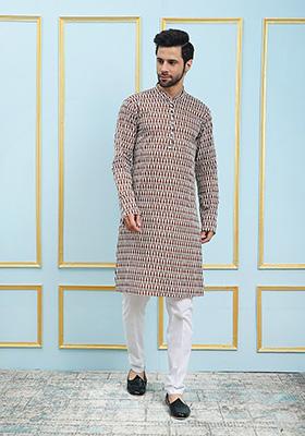 Maroon Printed Cotton Silk Straight For Men