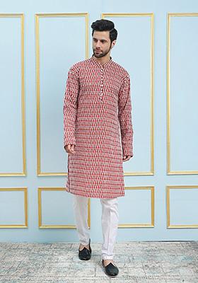 Red Printed Rayon Kurta Set For Men