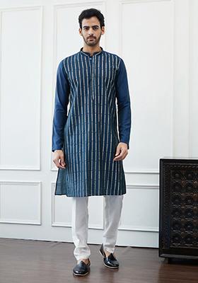 Teal Sequin Embroidered Kurta Set For Men
