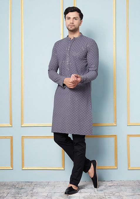 Grey Floral Embroidered Viscose Kurta Set For Men