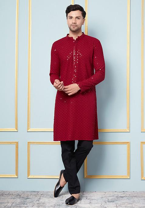 Maroon Floral Embroidered Viscose Kurta Set For Men