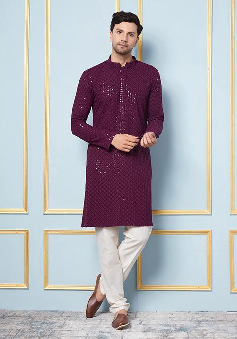 Magenta Sequin Embroidered Sequined Kurta Set For Men