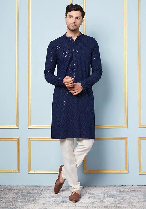 Navy Blue Floral Sequin Embroidered Viscose Kurta Set For Men