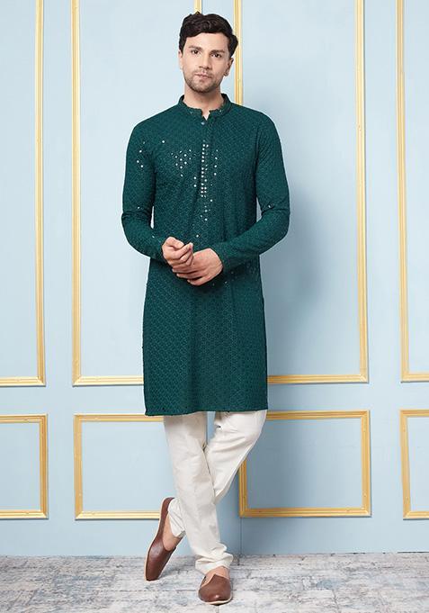 Green Floral Sequin Embroidered Viscose Kurta Set For Men