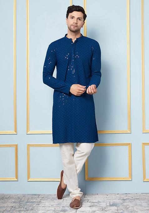 Teal Floral Sequin Embroidered Viscose Kurta Set For Men