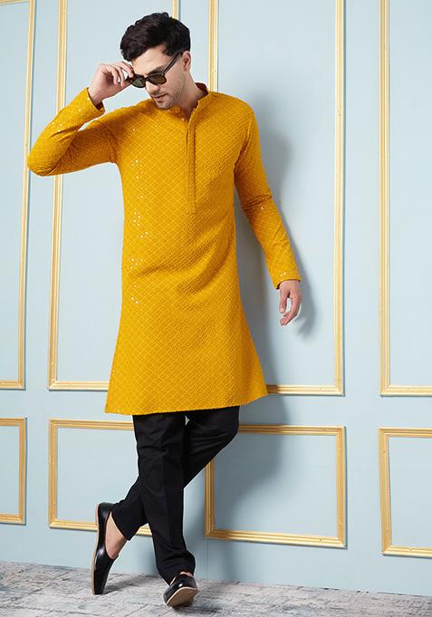 Mustard Floral Sequin Embroidered Viscose Kurta Set For Men