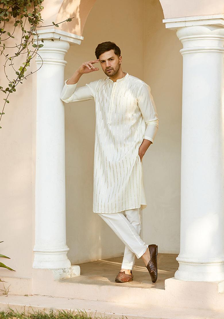 Off White Sequin Embroidered Chanderi Silk Kurta Set For Men