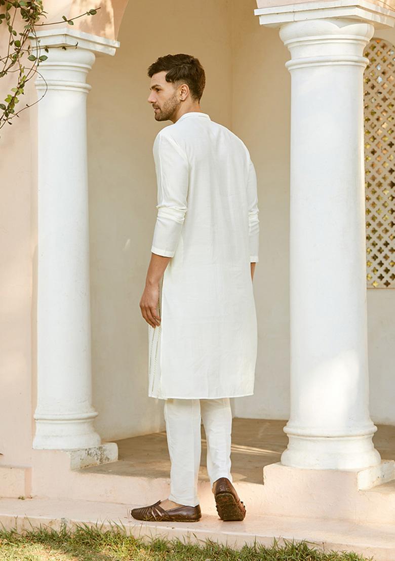 Off White Sequin Embroidered Chanderi Silk Kurta Set For Men