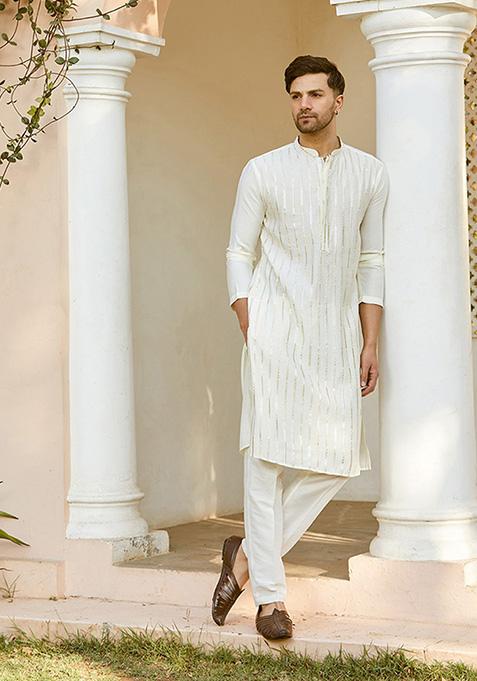 Off White Sequin Embroidered Chanderi Silk Kurta Set For Men