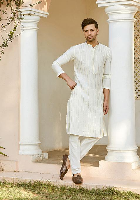 Off White Sequin Embroidered Chanderi Silk Kurta Set For Men