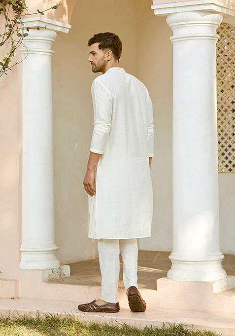 Off White Sequin Embroidered Chanderi Silk Kurta Set For Men