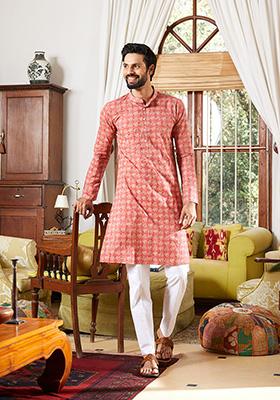 Pink Leaf Print Kurta Set For Men