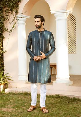Teal Blue Sequin Embroidered Straight Kurta Set For Men