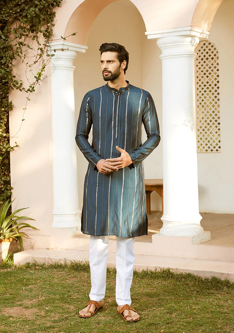 Teal Blue Sequin Embroidered Straight Kurta Set For Men