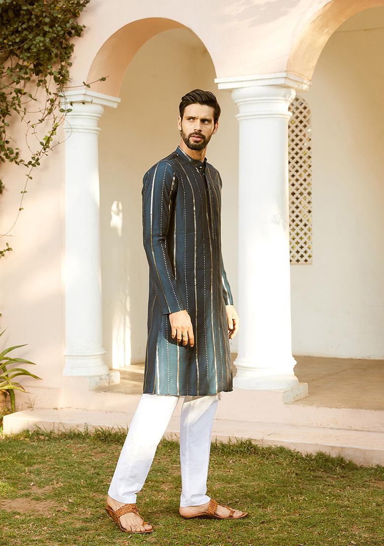 Teal Blue Sequin Embroidered Straight Kurta Set For Men