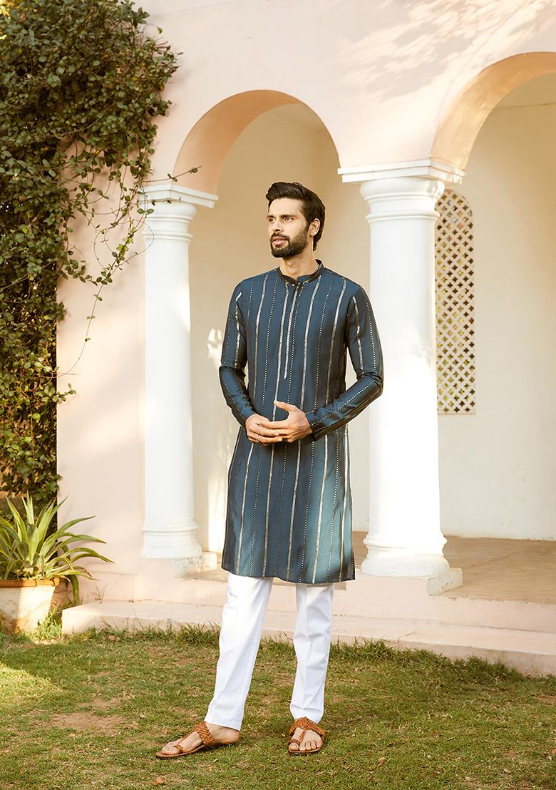 Teal Blue Sequin Embroidered Straight Kurta Set For Men