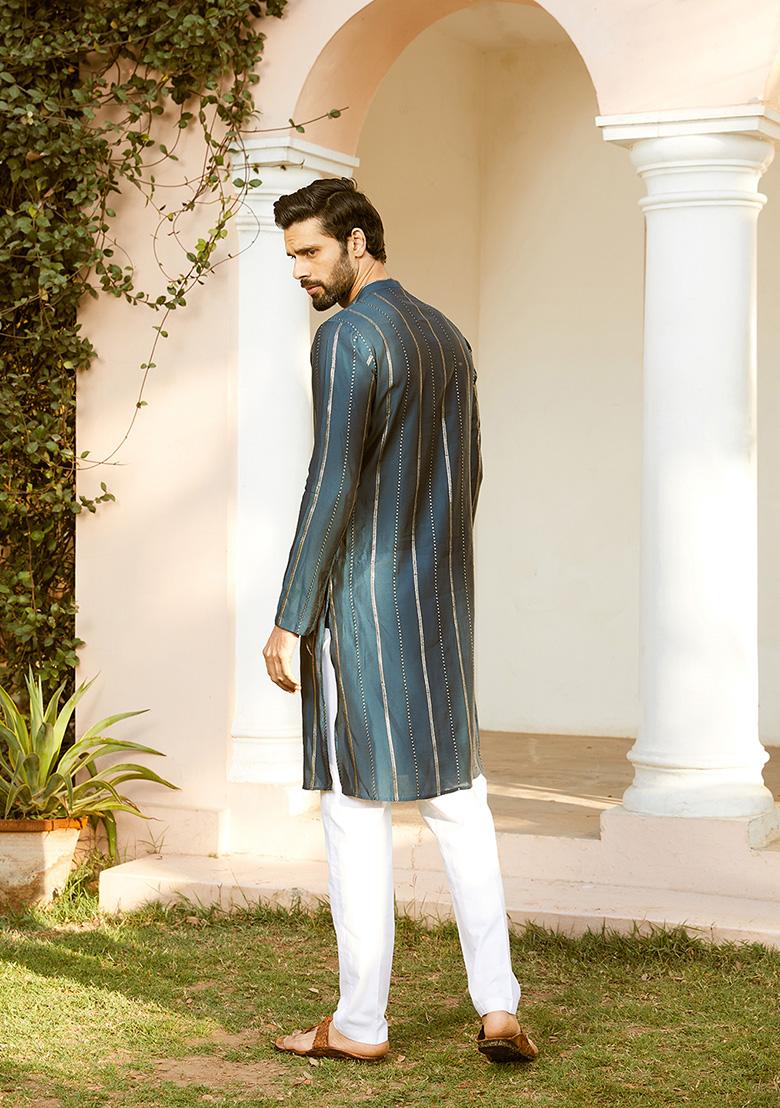 Teal Blue Sequin Embroidered Straight Kurta Set For Men
