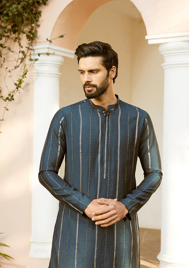 Teal Blue Sequin Embroidered Straight Kurta Set For Men