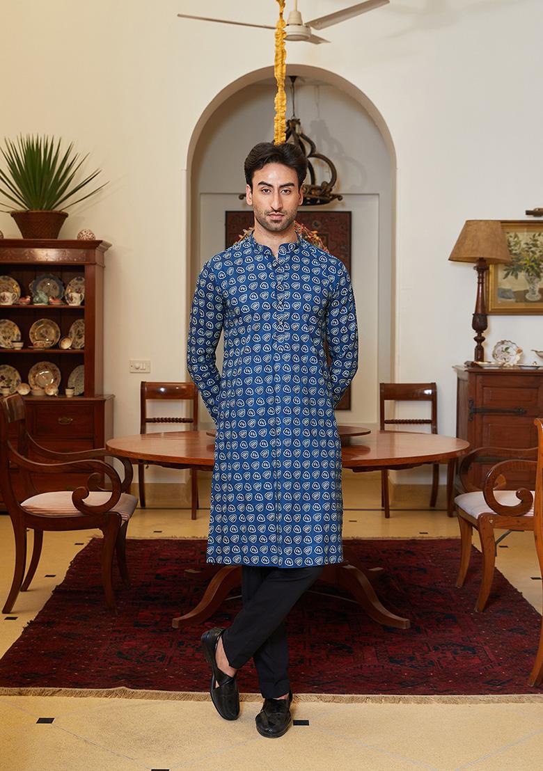 Navy Blue Leaf Printed Pure Cotton Kurta Set For Men