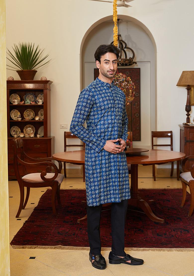Navy Blue Leaf Printed Pure Cotton Kurta Set For Men
