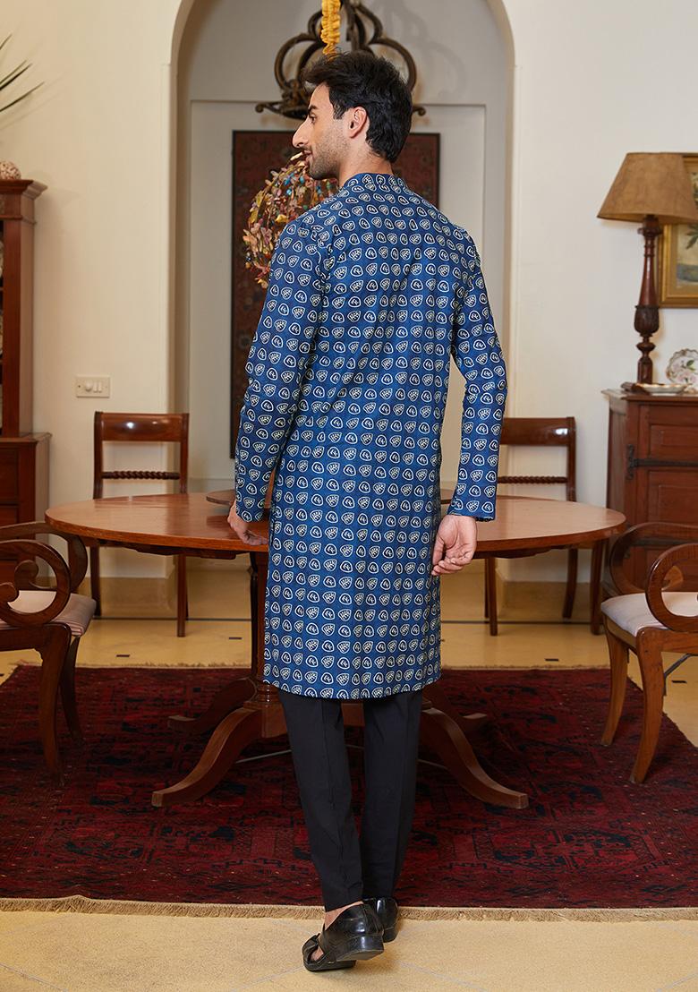 Navy Blue Leaf Printed Pure Cotton Kurta Set For Men