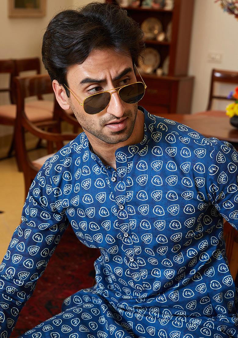 Navy Blue Leaf Printed Pure Cotton Kurta Set For Men