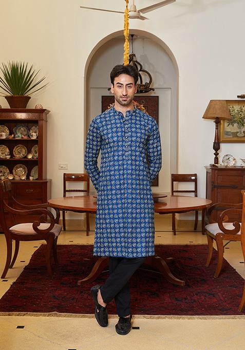 Navy Blue Leaf Printed Pure Cotton Kurta Set For Men