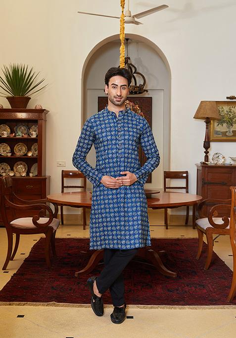 Navy Blue Leaf Printed Pure Cotton Kurta Set For Men