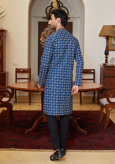 Navy Blue Leaf Printed Pure Cotton Kurta Set For Men