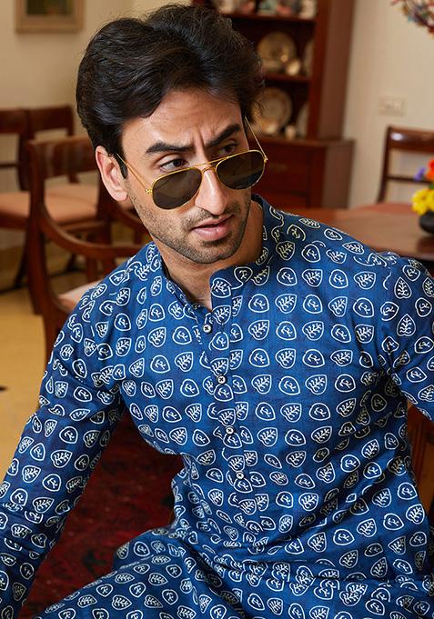 Navy Blue Leaf Printed Pure Cotton Kurta Set For Men