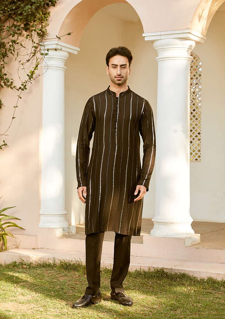 Black Sequin Embroidered Cotton Kurta Set For Men - Indya