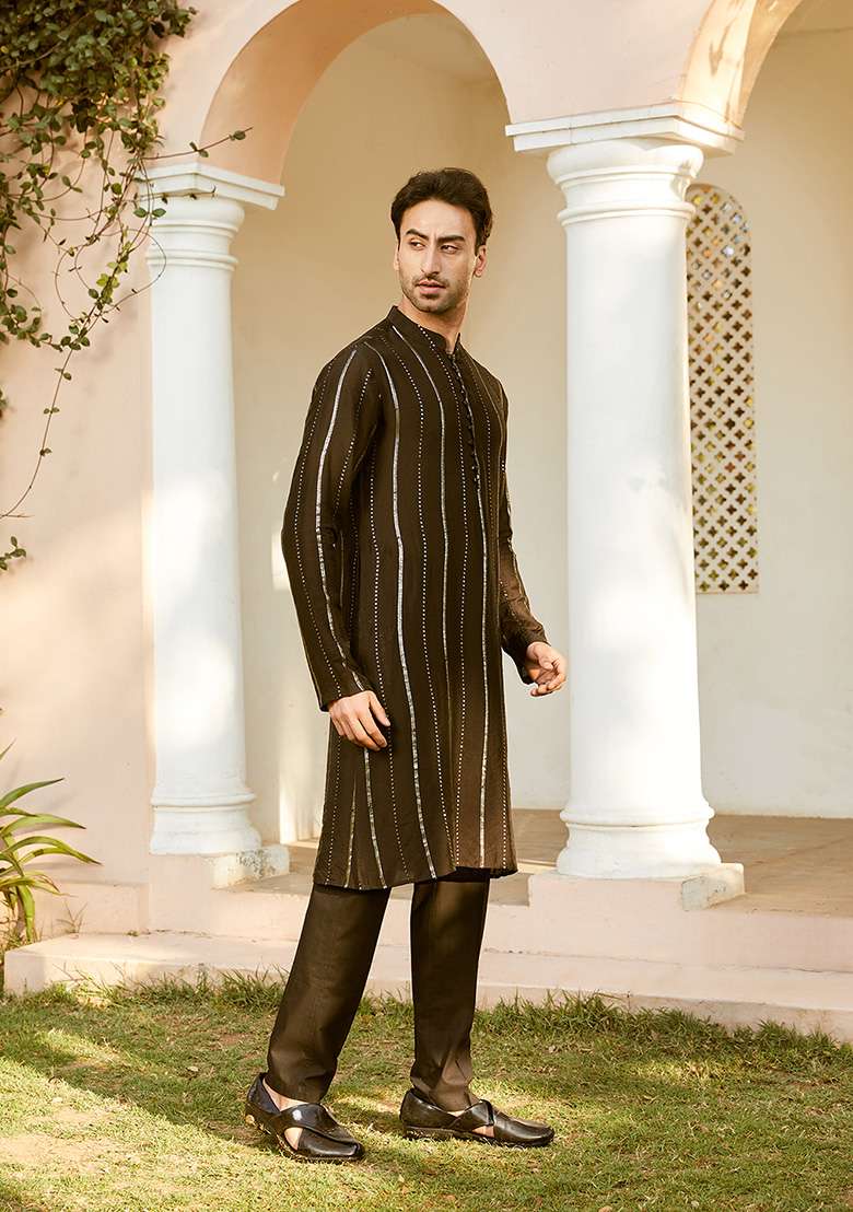 Black Sequin Embroidered Cotton Kurta Set For Men - Indya