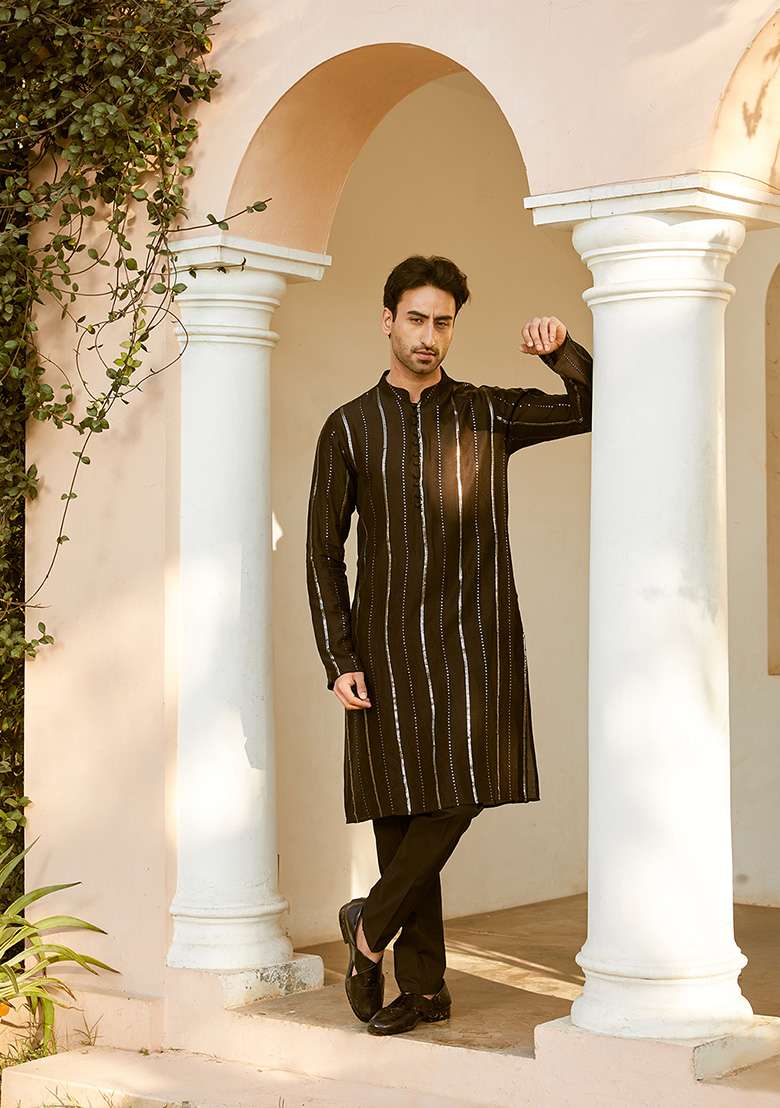 Black Sequin Embroidered Cotton Kurta Set For Men - Indya