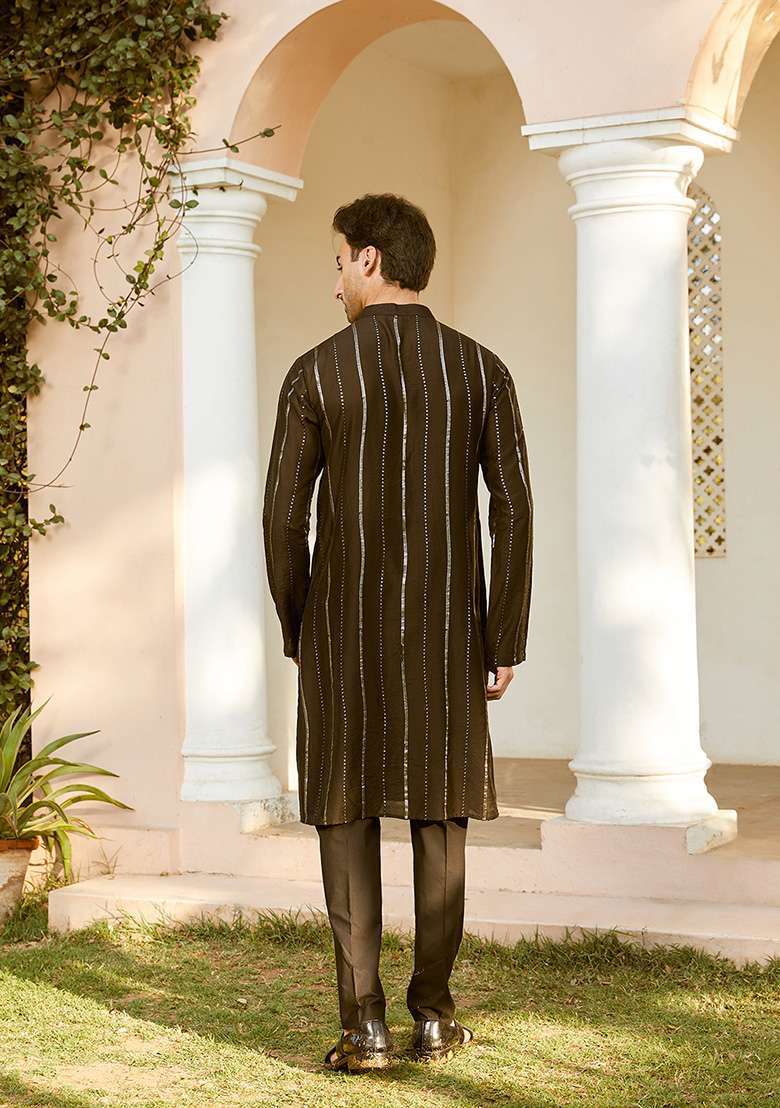 Black Sequin Embroidered Cotton Kurta Set For Men - Indya