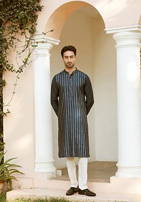 Teal Sequin Embroidered Straight Kurta Set For Men