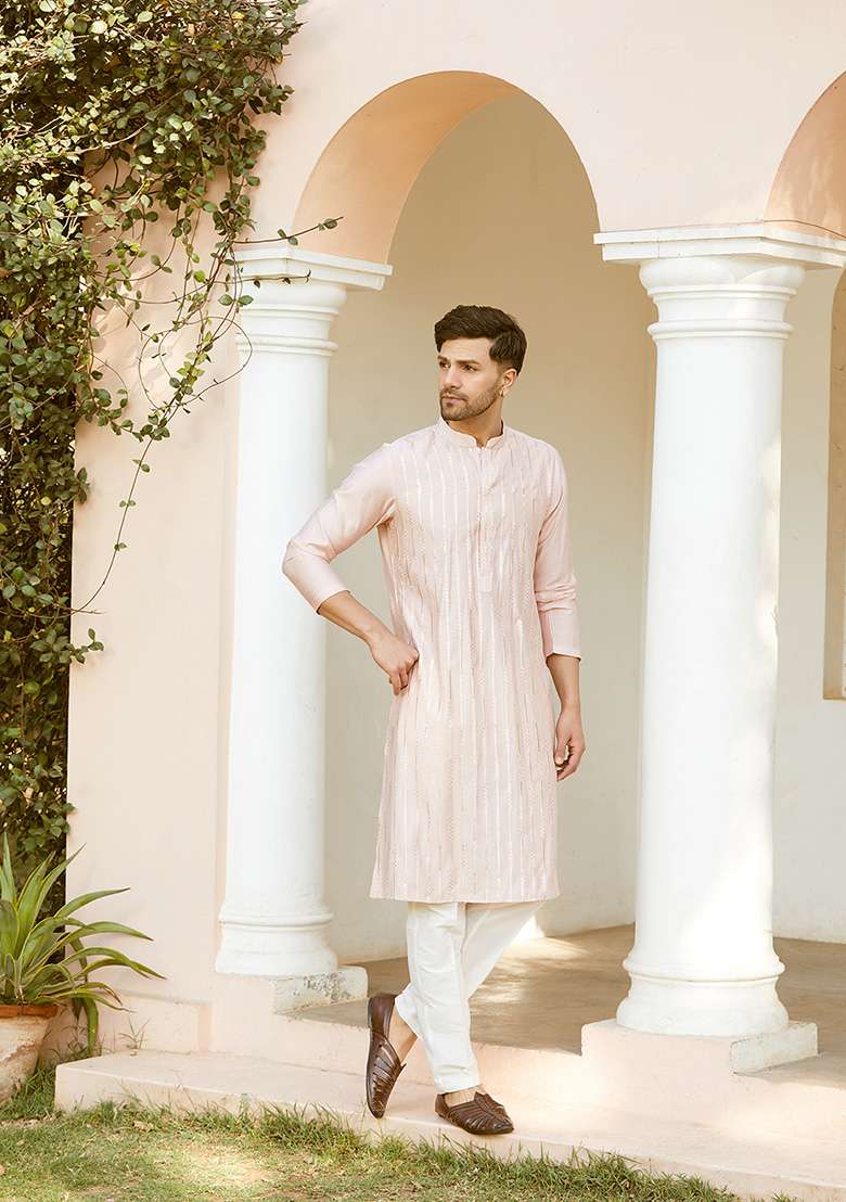 Pink Sequin Embroidered Kurta Set For Men - Indya