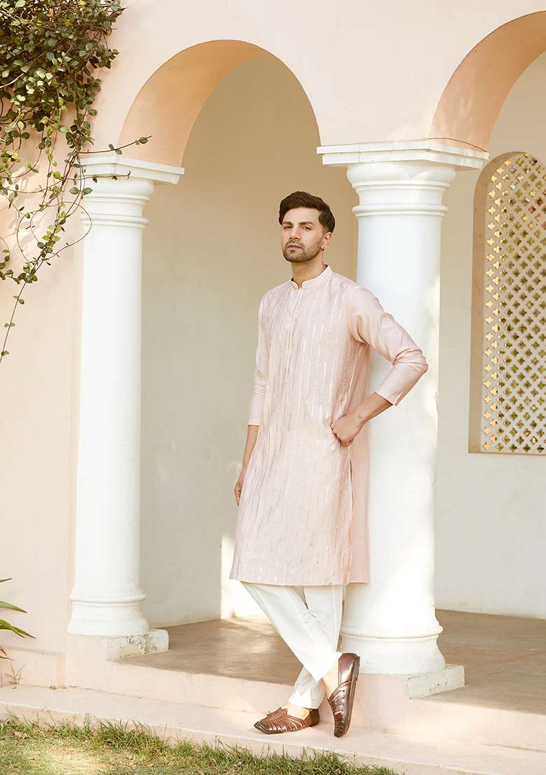 Pink Sequin Embroidered Kurta Set For Men - Indya
