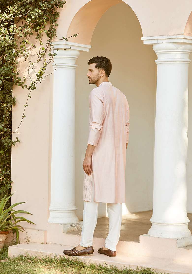 Pink Sequin Embroidered Kurta Set For Men - Indya