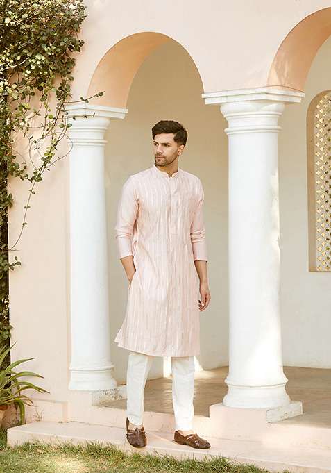 Pink Sequin Embroidered Kurta Set For Men