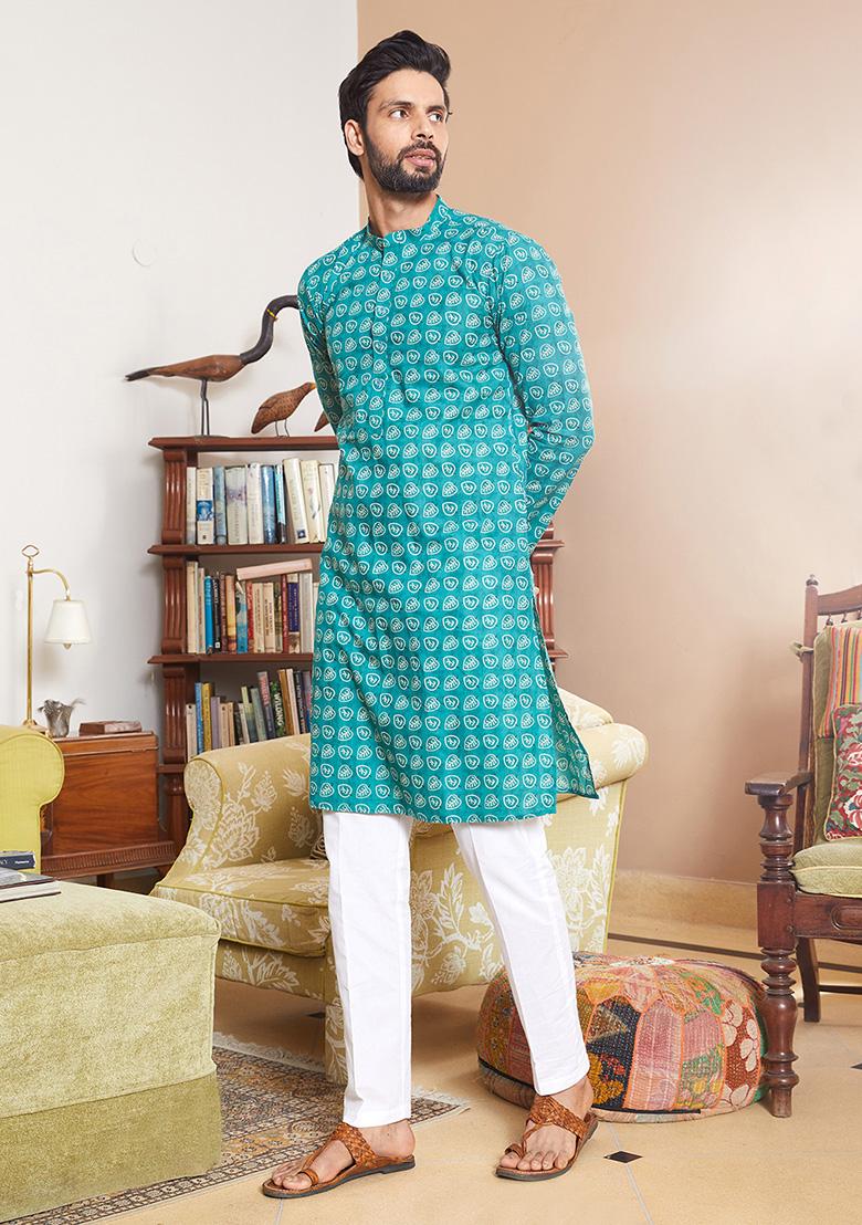 Sea Green Leaf Print Kurta Set For Men