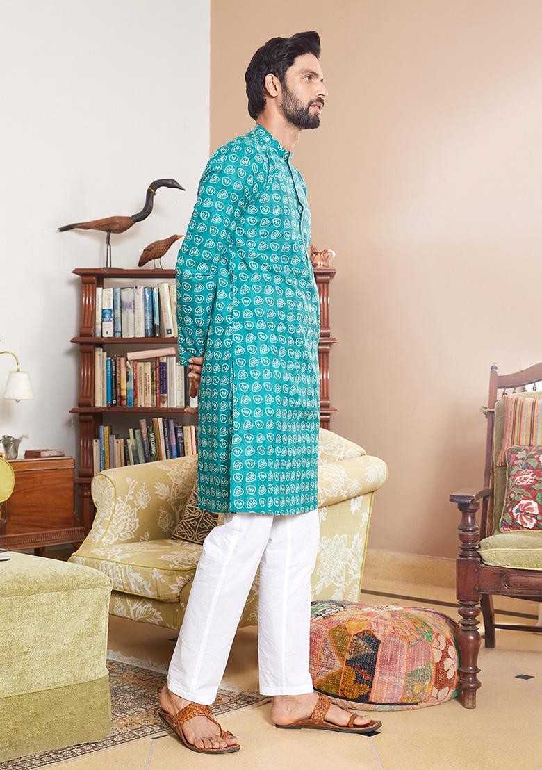 Sea Green Leaf Print Kurta Set For Men