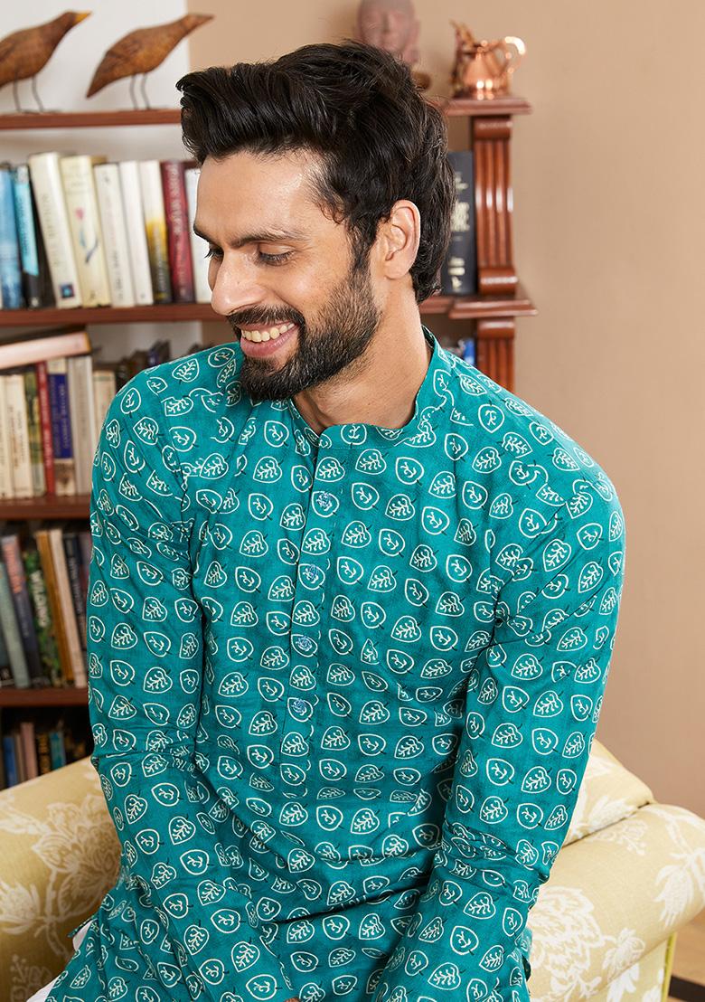 Sea Green Leaf Print Kurta Set For Men