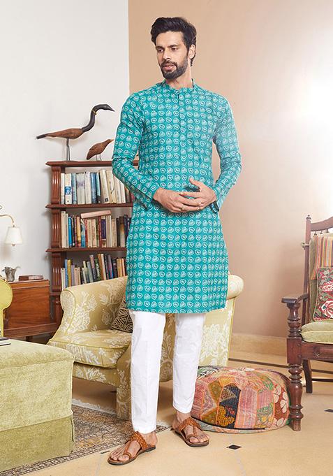 Sea Green Leaf Print Kurta Set For Men