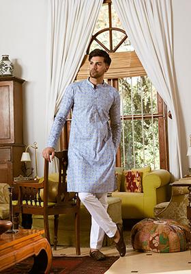 Blue Leaf Print Kurta Set For Men