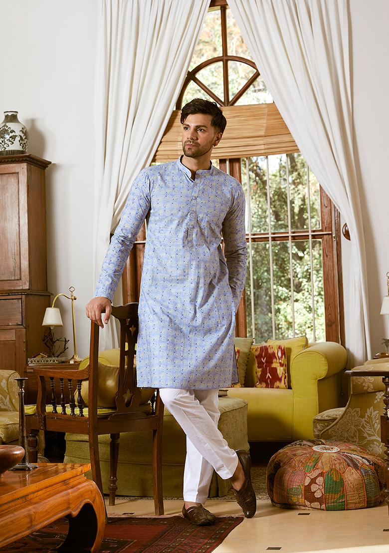 Blue Leaf Print Kurta Set For Men