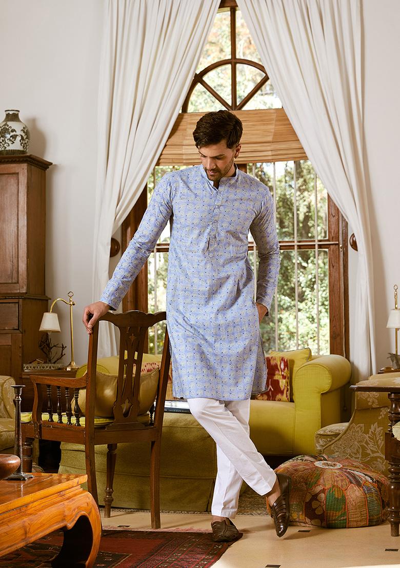 Blue Leaf Print Kurta Set For Men