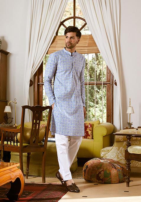 Blue Leaf Print Kurta Set For Men