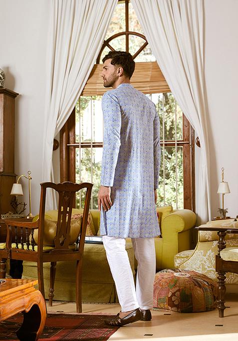 Blue Leaf Print Kurta Set For Men