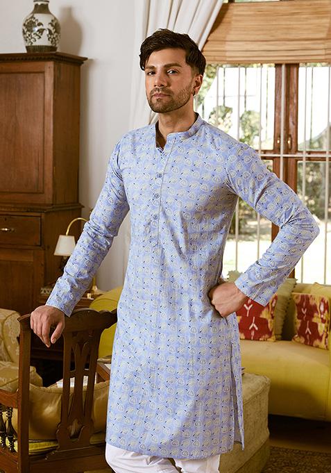Blue Leaf Print Kurta Set For Men
